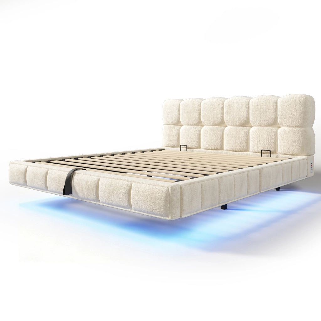 Letto matrimoniale imbottito beige 140x190 cm con sollevamento idraulico; LED e prese USB Type-C