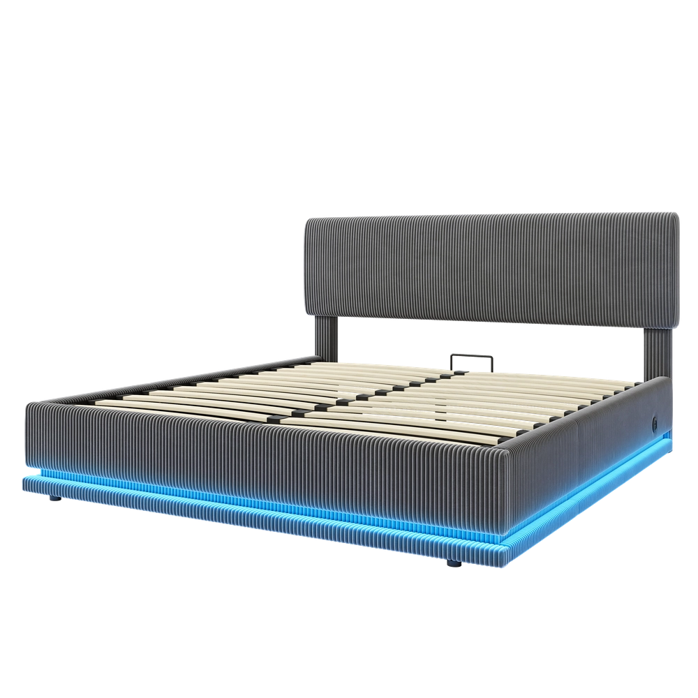 Letto Imbottito con LED, USB-C, Testiera Regolabile e Contenitore ¨C MINIMAL ¨C Velluto a Coste Grigio 140x200