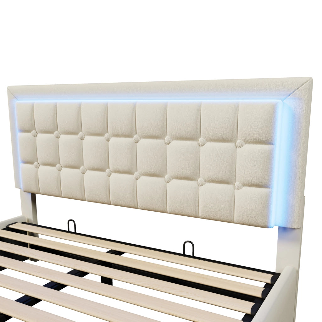 Letto matrimoniale imbottito 180x200 cm in PU bianco con LED; contenitore e rete a doghe