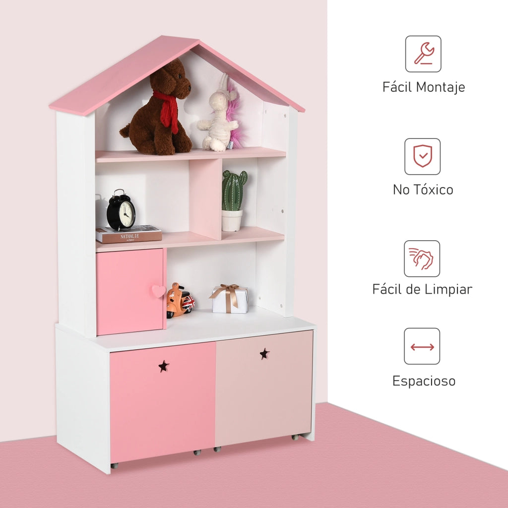 Libreria bambini con 4 ripiani, 1 porta e 2 cassetti ¨C zephmum ¨C rosa e bianco 80x34x130 cm