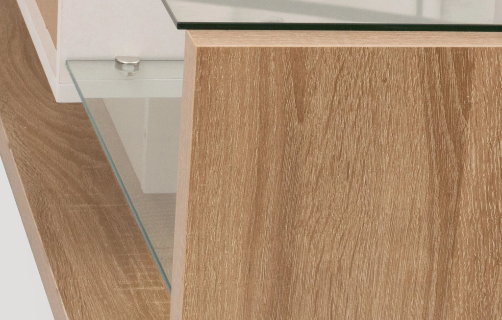 Mobile porta tv con due cassetti e due ripiani in vetro, LED regolabile via app, bianco lucido e legno, 170 × 36 × 38 cm