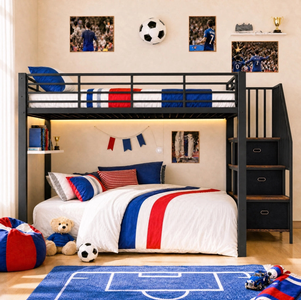Letto a castello 140 x 200 cm in MDF e metallo con scala reversibile; LED e prese USB; nero