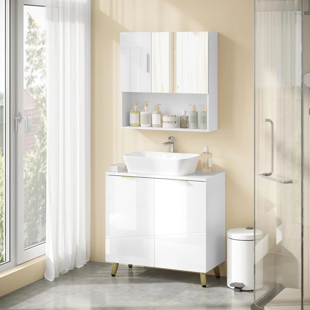 Mobile Sottolavabo per Bagno, Armadietto Sotto Lavandino da Terra a 2 Ante, Mobiletto Copricolonna in Legno, con Ripiano Regolabile e Foro per Sifone, Bianco Lucido, 60x30x60cm