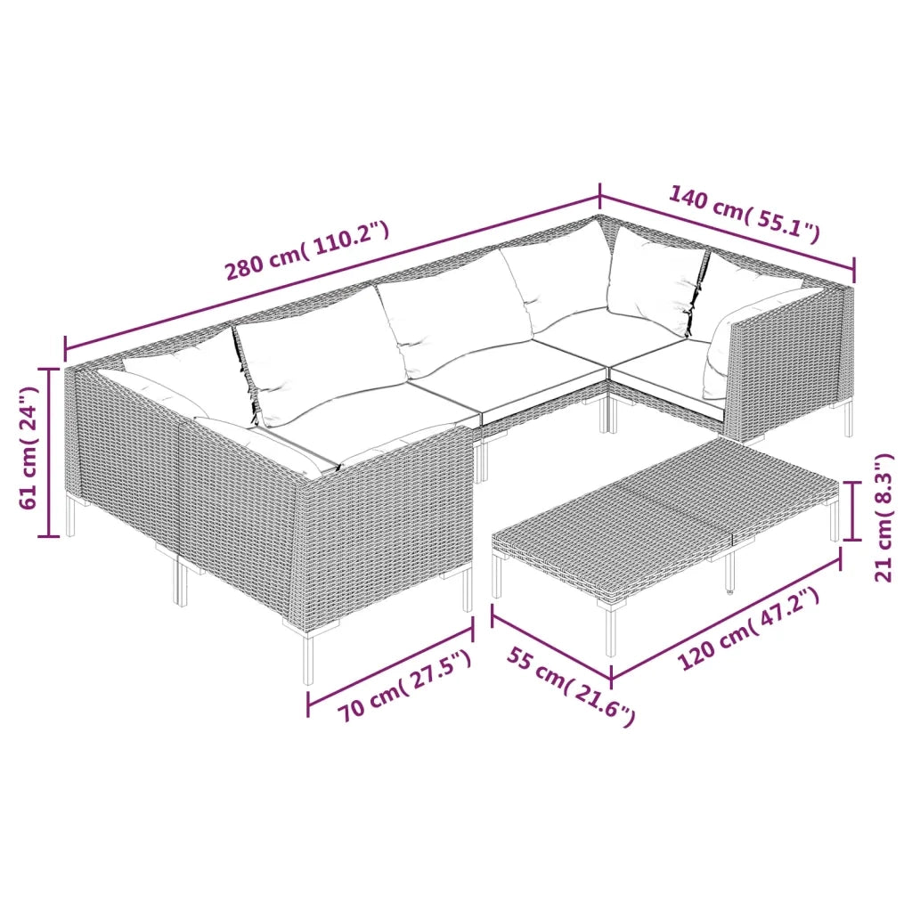 Set Divani Giardino 7 pz con Cuscini in Polyrattan Grigio Scuro cod mxl 41111