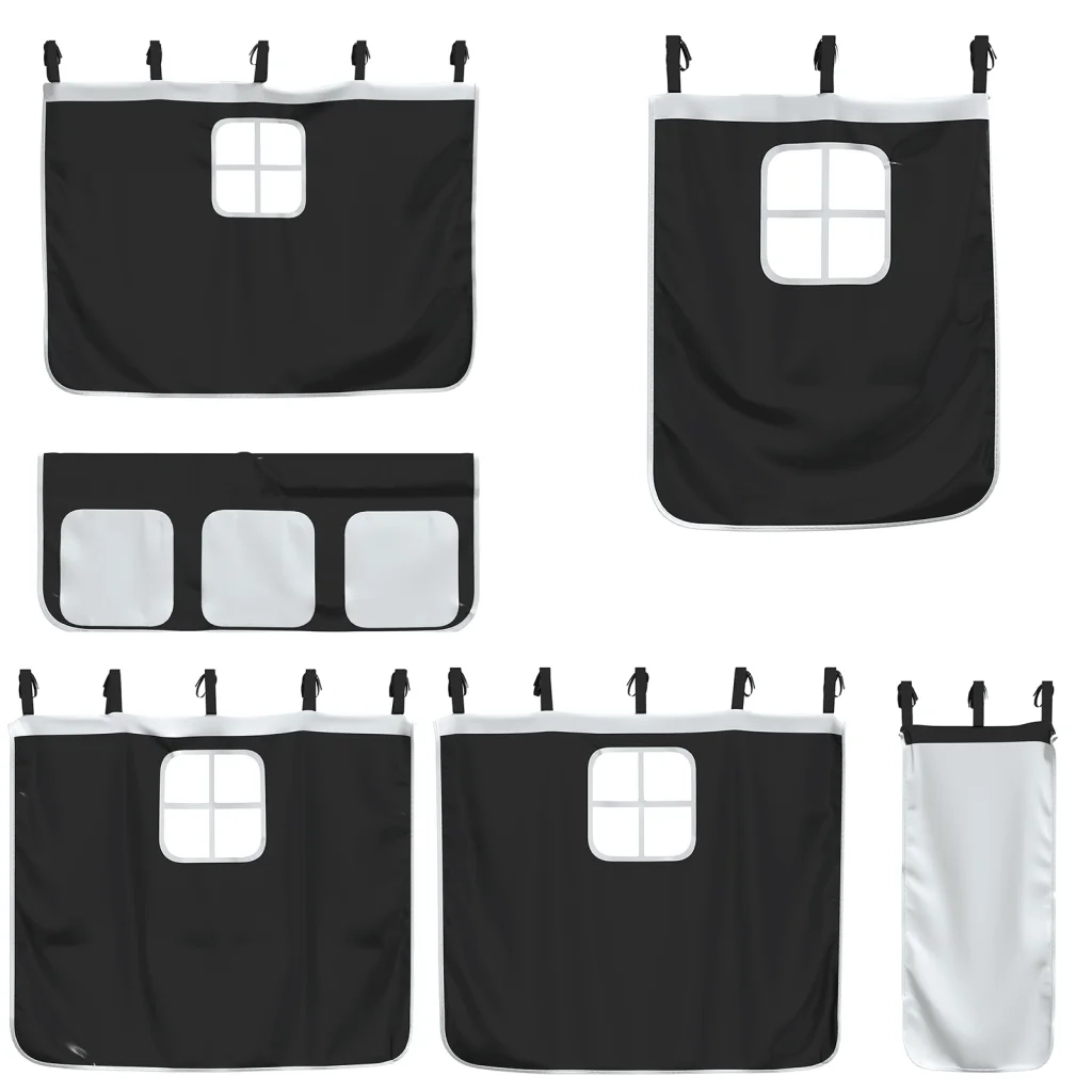 Letto a Soppalco con Tende Bambini | Letto Infantile | Lettino Bianco e Nero 80x200 cm Pino