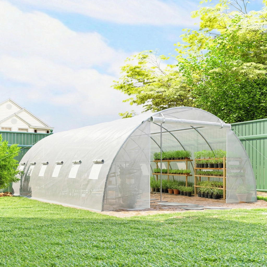 Serra da Giardino Tunnel con 2 Porte Avvolgibili e Finestre in Rete - Xylo - Copertura PE Anti-UV Bianco