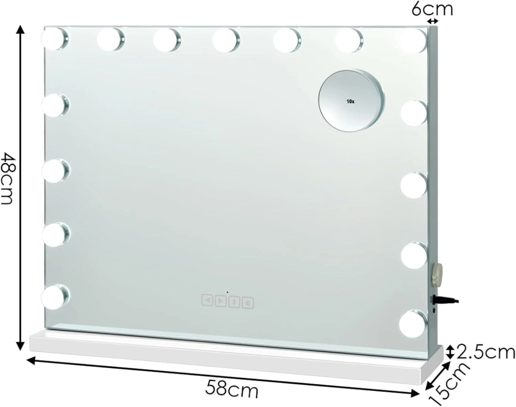Specchio per Trucco Illuminato con 15 Lampadine Luci LED, Specchio da Toeletta Controllo Touch, per Scrivania Muro, 3 Modalità di Colore, con Altoparlante Bluetooth USB, 58x48 cm