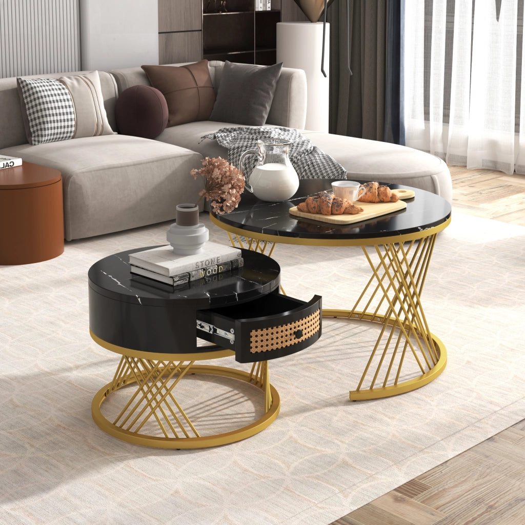 Tavolini da Caffè Impilabili Rotondi con 1 Cassetto; Piano Effetto Marmo; Stile Lusso Leggero; in MDF; Nero; 70×70×45;5 cm