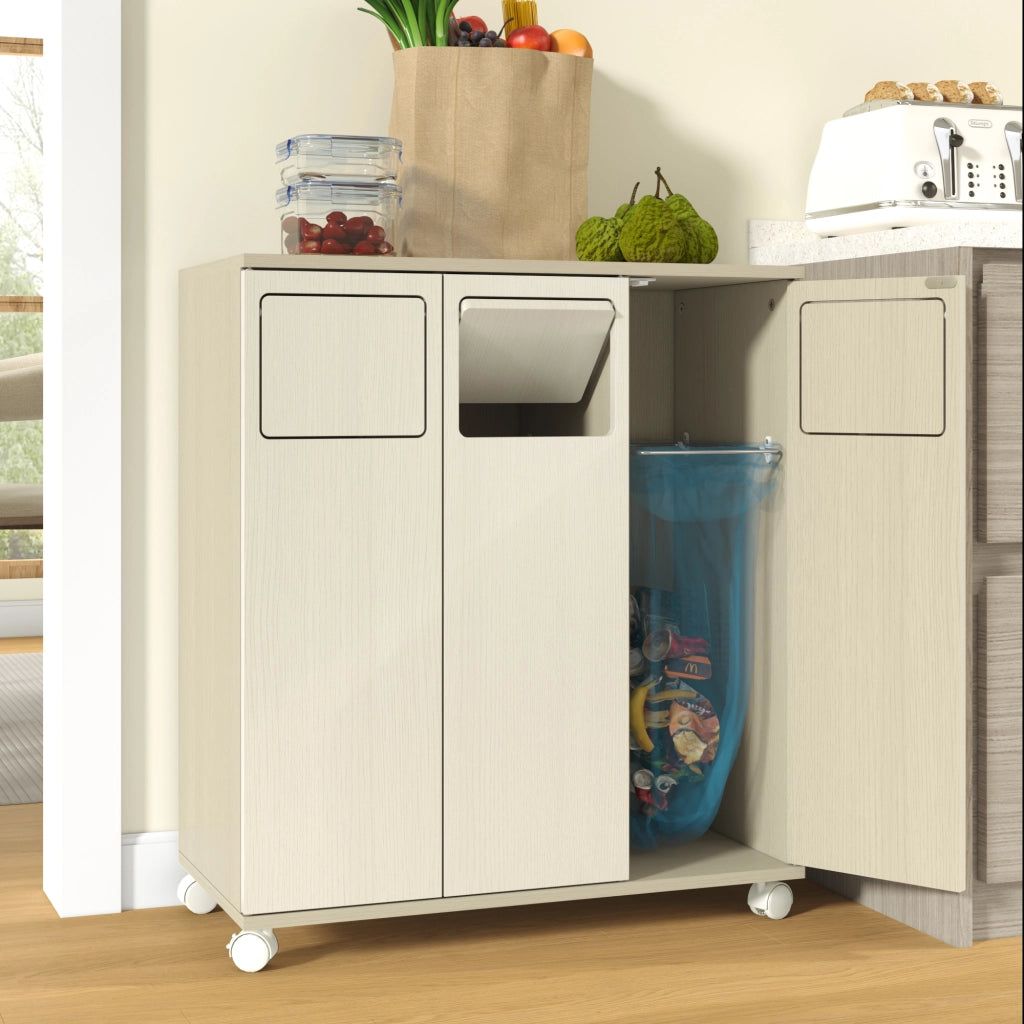 Armadio porta rifiuti a 3 scomparti su ruote, effetto legno chiaro, 69,3x35x80 cm