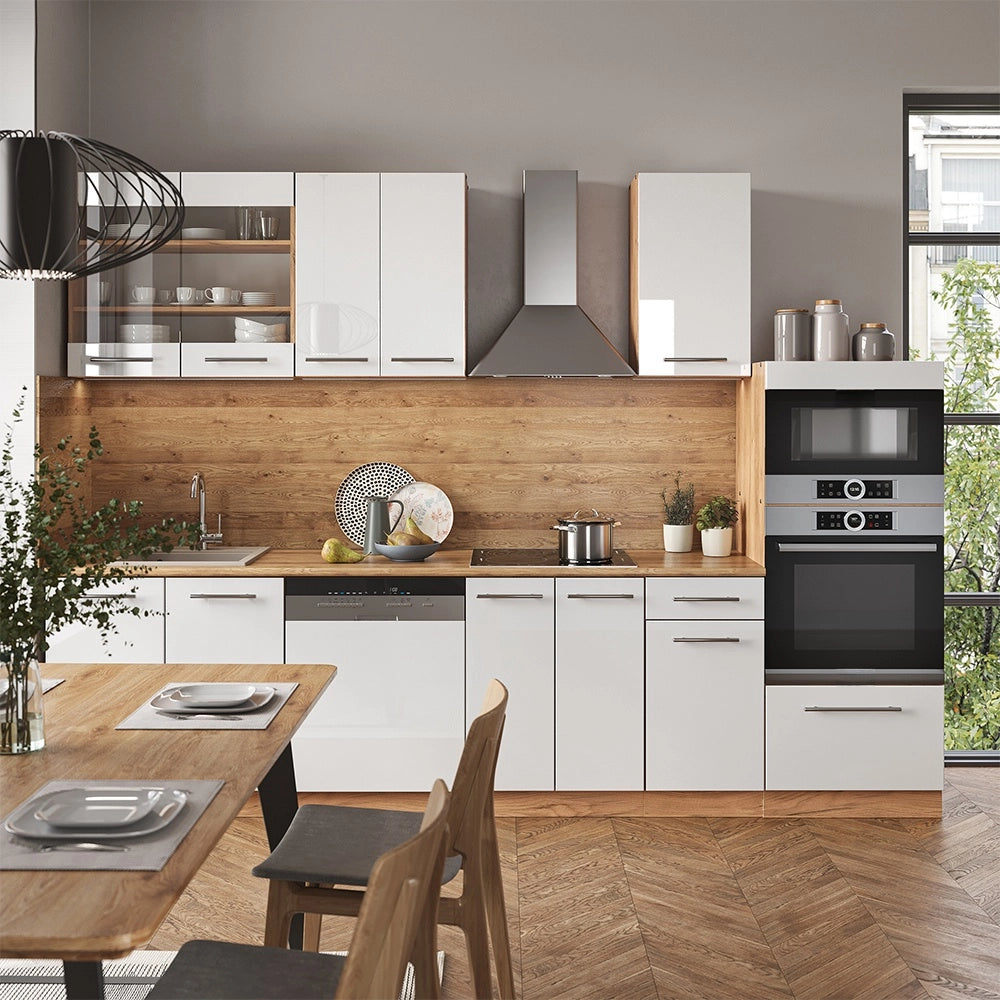Cucina componibile Fame-Line Bianco lucido/Rovere dorato 300 cm con armadio alto, PL Antracite Vicco