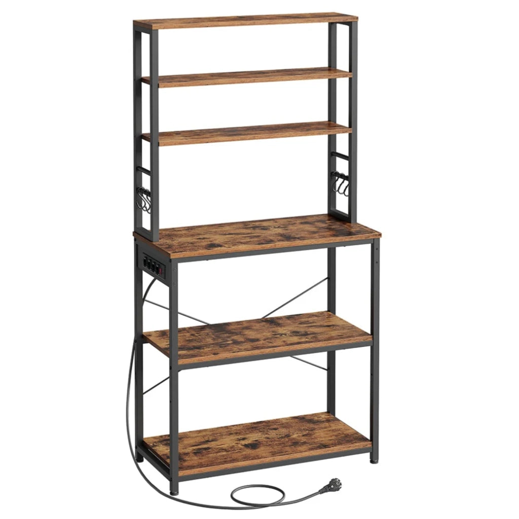 Mensola da cucina con multipresa mensola per macchina da caffè 6 ripiani 6 ganci per forno a microonde struttura in acciaio 40 x 80 x 167 cm marrone 12_0005661