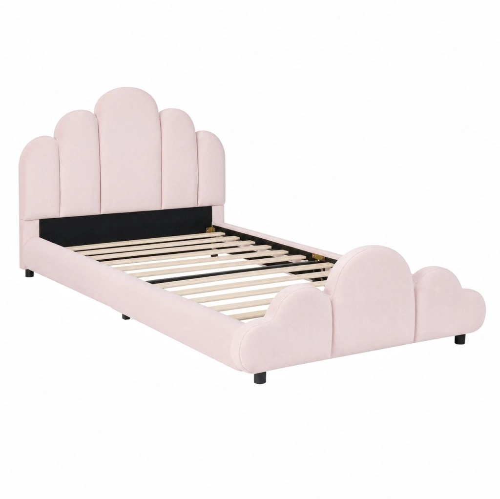 Letto singolo imbottito 90x200 cm in velluto rosa con testiera arrotondata e rete inclusa