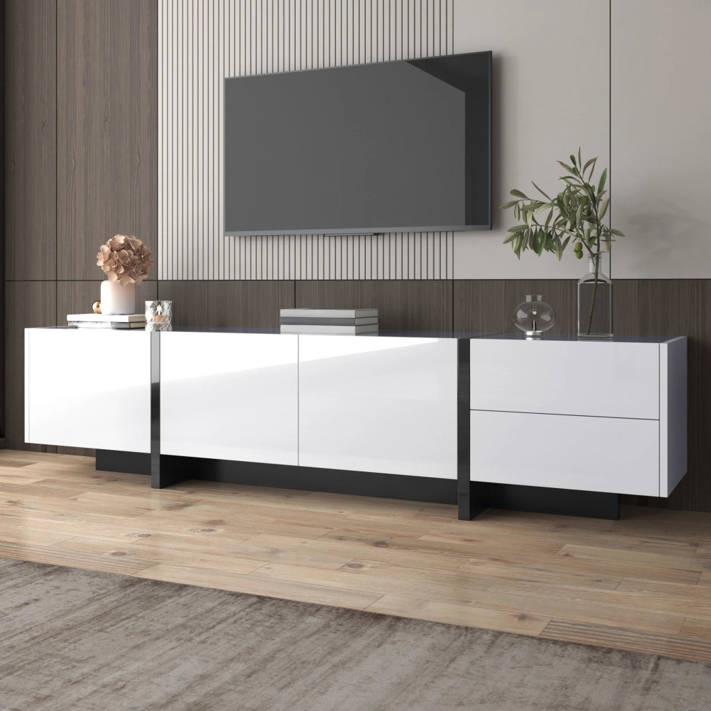 Mobile TV 190x45x35 cm; 3 ante e 2 cassetti; finitura lucida; truciolare bianco e nero