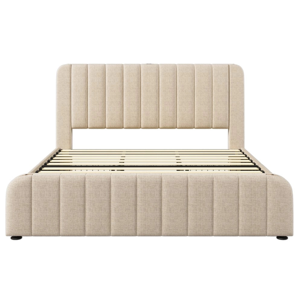 Letto Imbottito Matrimoniale con Cassetti ¨C MINIMAL ¨C Testiera Dorata USB-C, Beige, 180x200