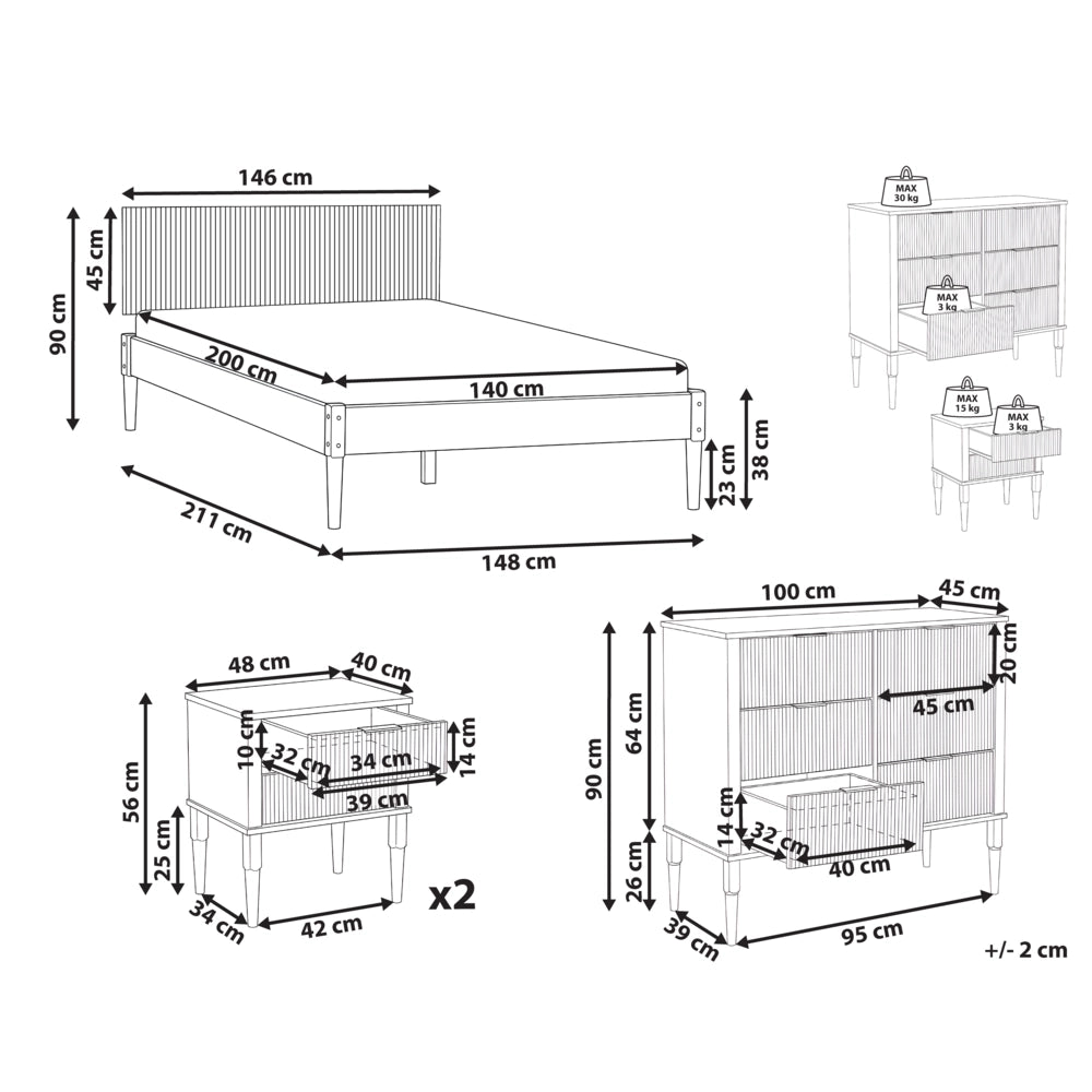 Set da camera da letto in legno di pino letto matrimoniale con 2 comodini e cassettiera a 6 cassetti 140 x 200 cm marrone chiaro stile scandinavo