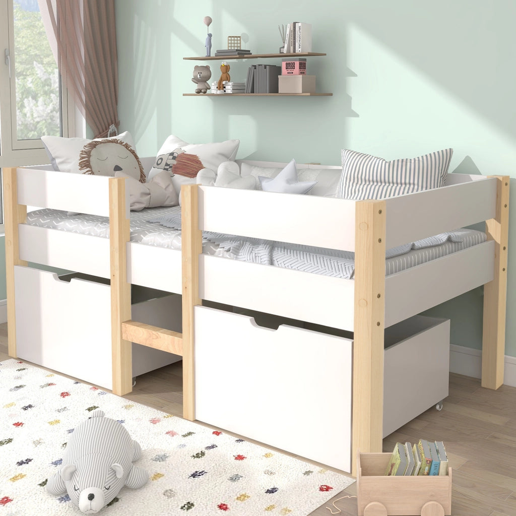 Lettino semialto per bambini 90x190 cm in pino massiccio bianco con cassetti