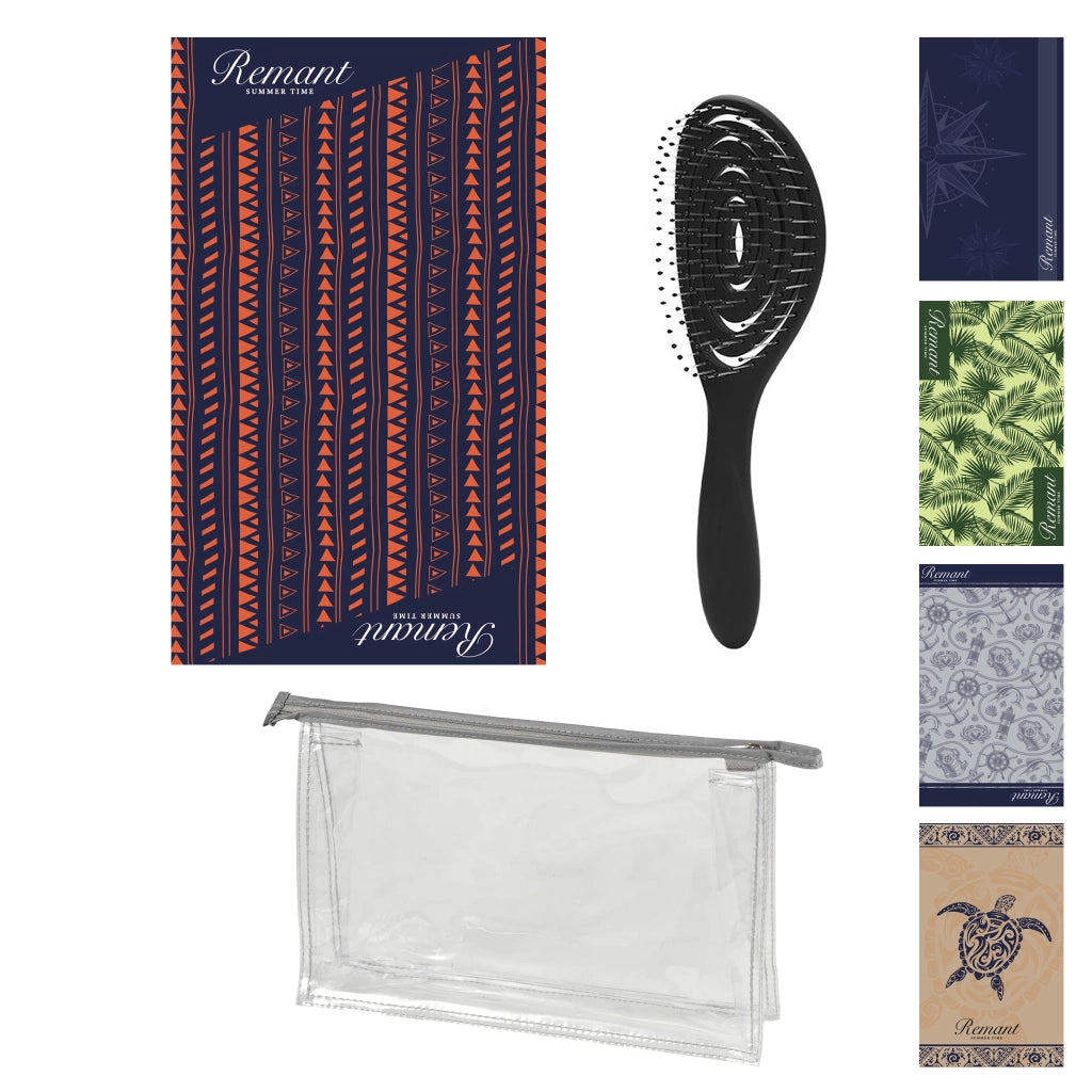 Set Mare 3 Pezzi con Telo Mare in Microfibra 90x170 cm, Pochette Trasparente 32x20 cm con Zip e Spazzola Districante – Kit Spiaggia e Piscina – Fantasie Assortite - IDEA REGALO