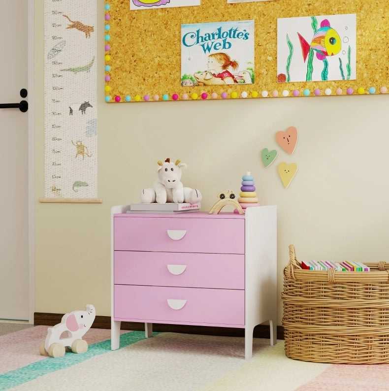 Cassettiera per bambini rosa e bianca con 3 cassetti