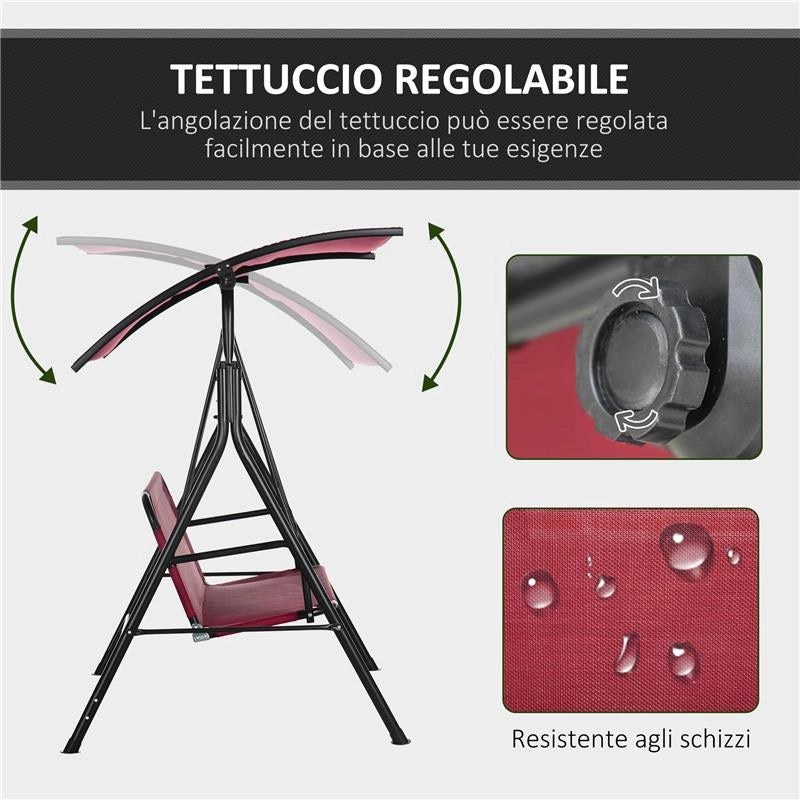 DONDOLO DA GIARDINO 3 POSTI IN ACCIAIO CON TETTO PARASOLE IN POLIESTERE 172X110X153 CM ROSSO E NERO