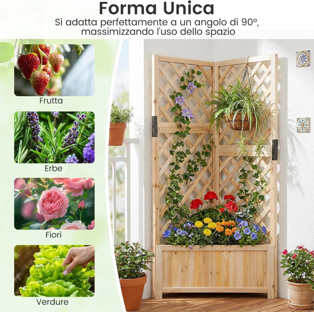 Letto da Giardino Rialzato ad Angolo con Traliccio e Fori di Drenaggio, Fioriera in Legno Elevata per Piante Rampicanti, Fiori e Verdure, Ideale per Interno ed Esterno (Naturale)