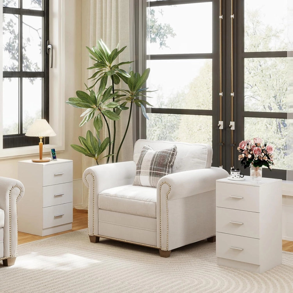 Comodino Camera da Letto 37 x 34 x 66,5cm, Cassettiera in Legno Moderno con 3 Cassetti, Mobile Salvaspazio per Soggiorno, Ufficio e Camerretta (2,Bianco)