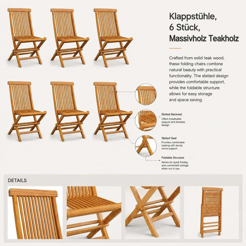 Folding Garden Chairs, Set Of 6, Made Of Solid Teak Wood
