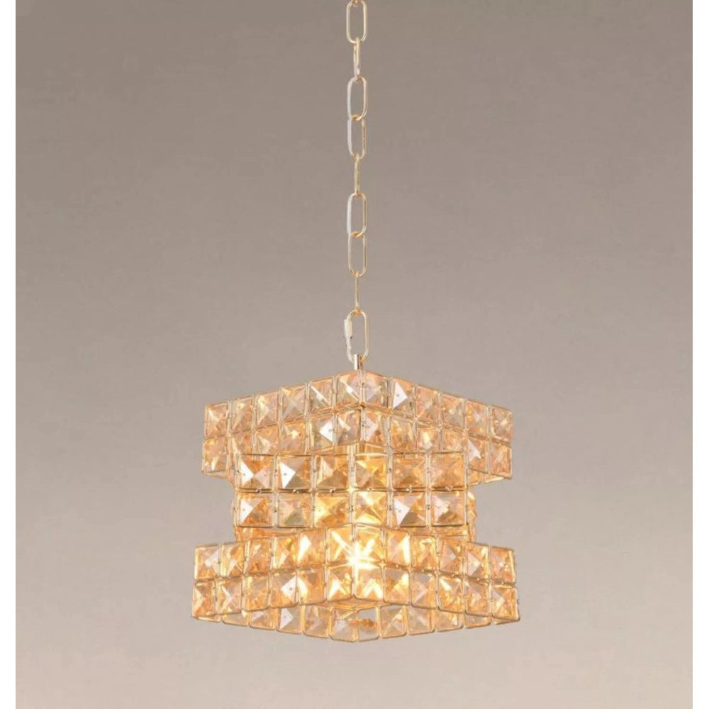 Trade Shop - Lampadario Sospeso Cubo Intrecciato Con Cristalli Lampada Luce E27 Oro 32385 -