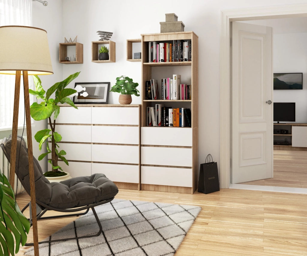 Libreria AKORD R60 Sonoma Quercia, Bianco 60 cm 3 cassetti 60x35x180 cm