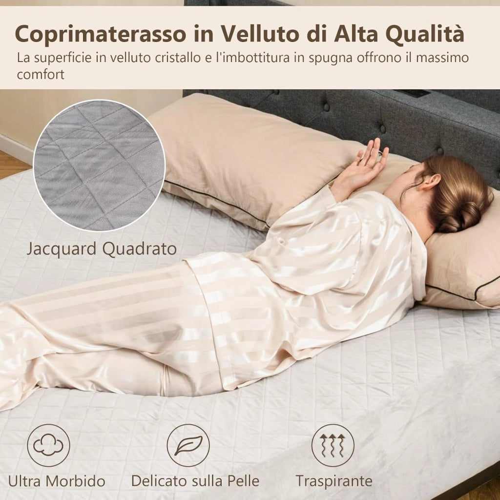 Protezione per Materasso, Coprimaterasso in Velluto Morbido di Lusso con Fondo Antiscivolo, Copertura per Materasso Confortevole con Imbottitura in Spugna (200 x 180 cm)