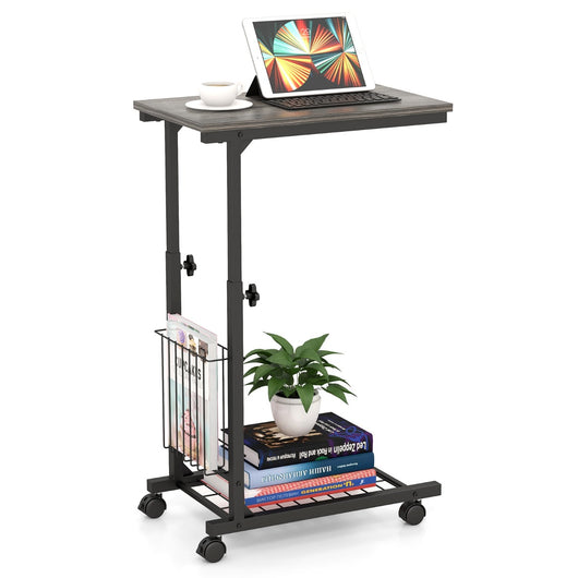 Tavolino laterale per divano con ruote e cestino portaoggetti, Tavolino PC regolabile per soggiorno 50x30x80cm Grigio-Tavolini per laptop