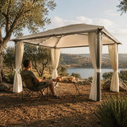 Pavilion With Curtains & LED String Lights 400x300 Cm Cream Aluminum