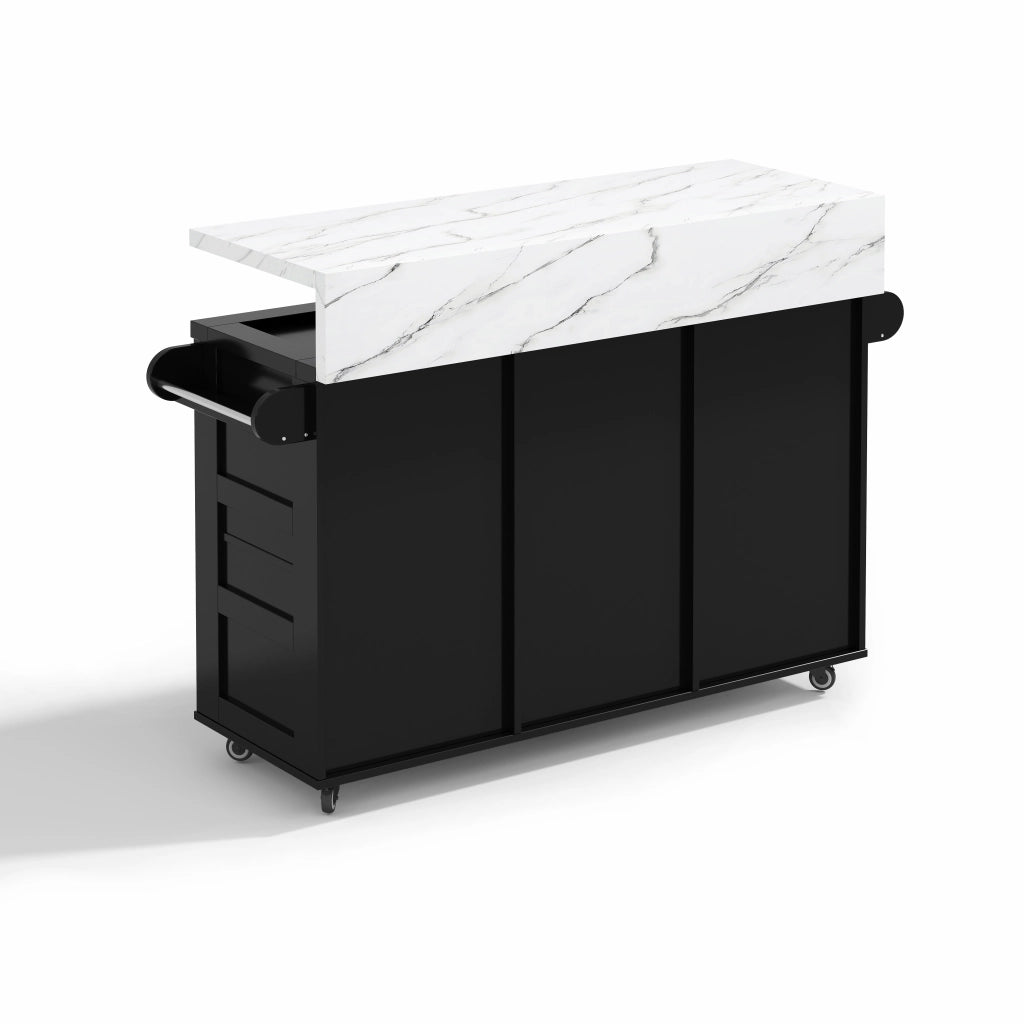 Isola cucina mobile con piano ribaltabile, LED RGB, 2 ante, 3 cassetti e portabicchieri 138x60x93 cm nera
