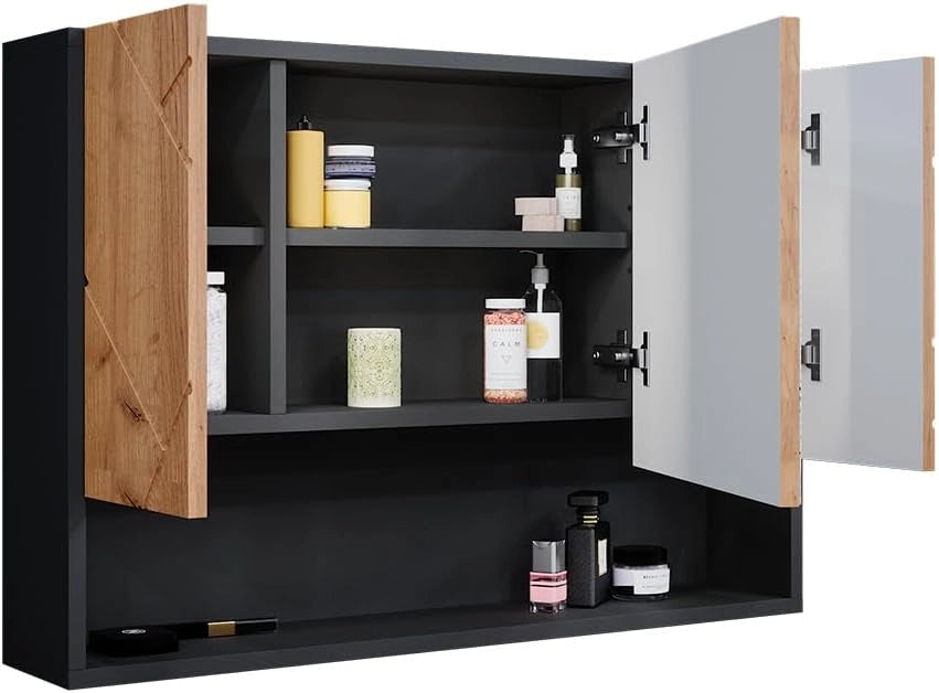 Specchio contenitore bagno Irma, Quercia dorata/antracite, 80.1 x 55 cm, con specchio e ripiani aperti per montaggio a parete