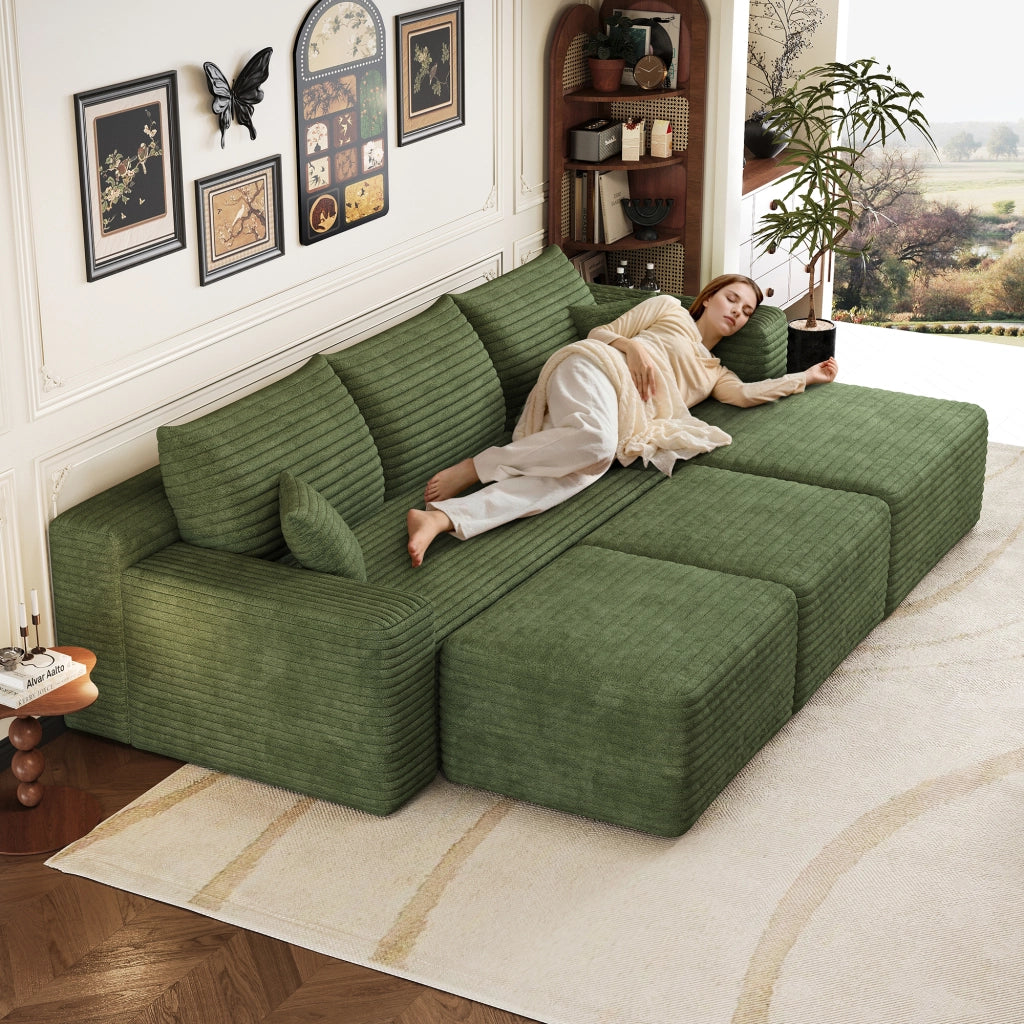 Divano ad angolo modulare in tessuto effetto velluto con seduta profonda, senza montaggio, per soggiorno, verde