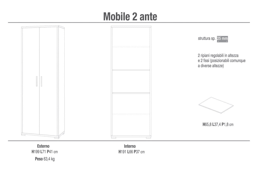 Armadio 2 Ante 71x199x41 cm Noce Stelvio/Ossido Nero