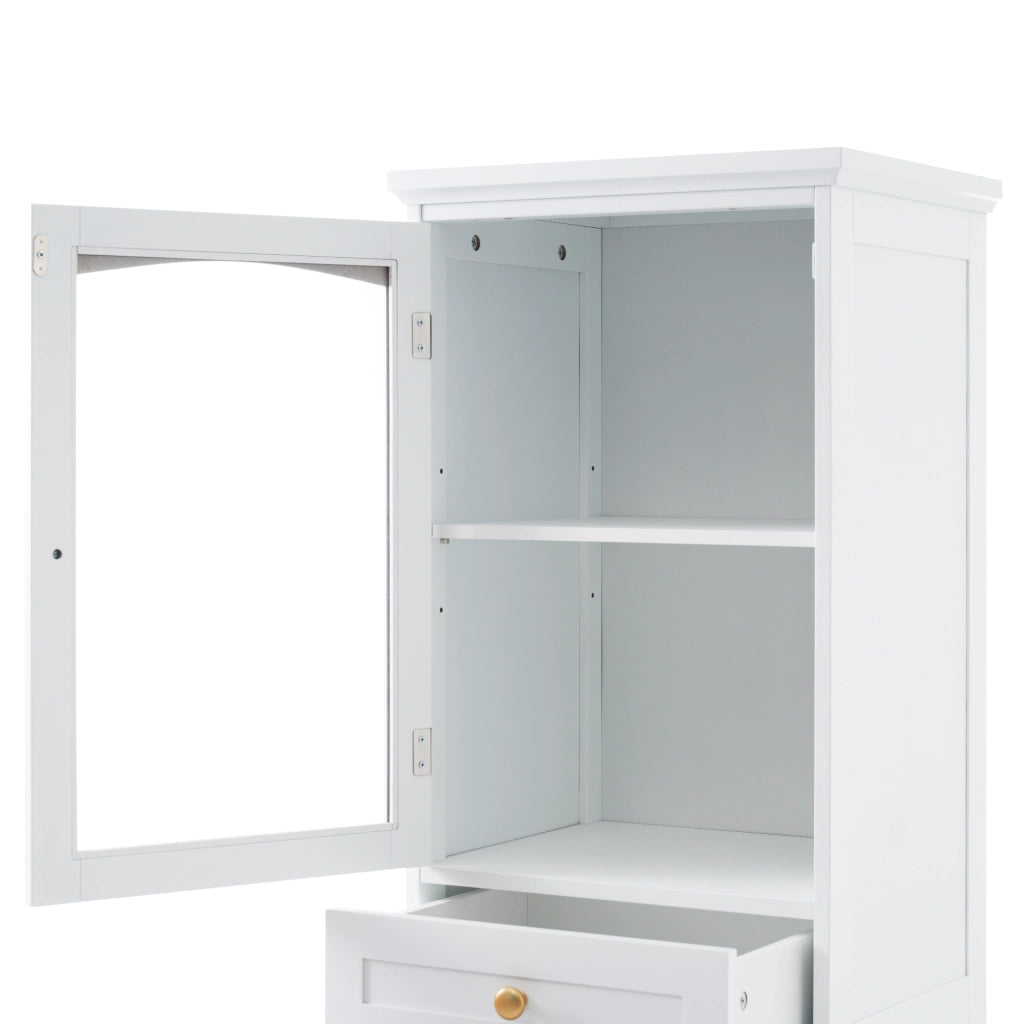 Armadio da bagno in MDF e vetro, 45 x 36 x 160 cm, bianco, con 2 cassetti e ripiani regolabili