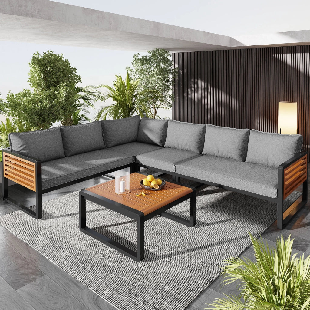 Set Divano da Giardino 5-6 Posti con Braccioli in Legno ¨C Xylo ¨C Polyrattan, Grigio