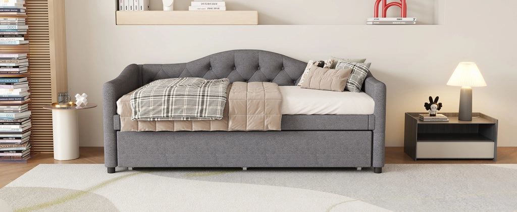 DESMIU Divano letto 90 × 200 cm 1 posto con letto estraibile, senza materasso, in lino, grigio