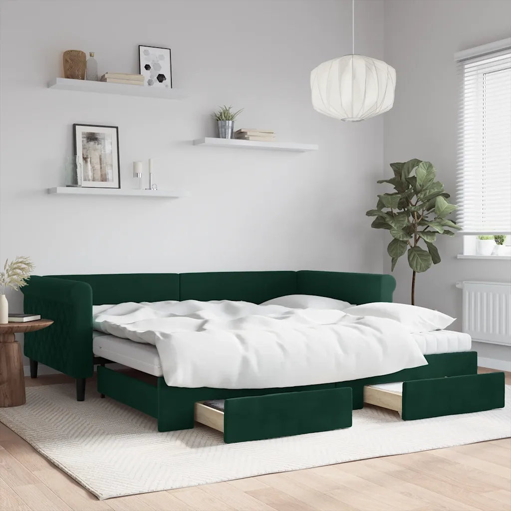 Divano Letto Estraibile Cassetti Verde Scuro 100x200cm Velluto 3197852