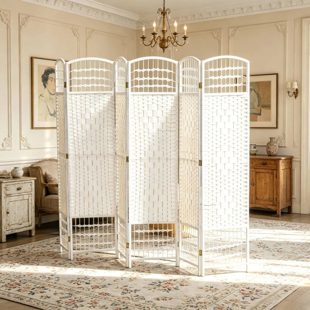 Paravento divisorio pieghevole bianco a 6 pannelli 242x170 cm
