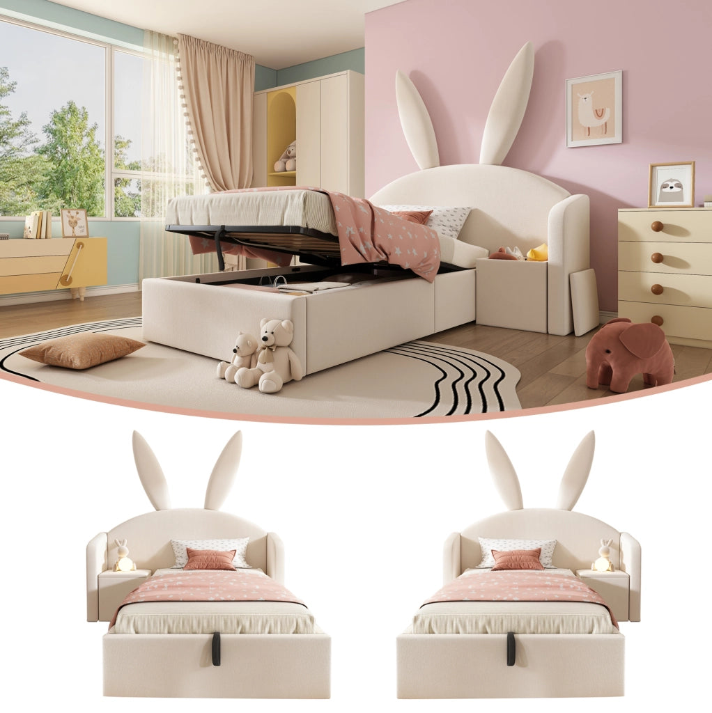 Letto singolo 90x200 con contenitore idraulico e comodino beige