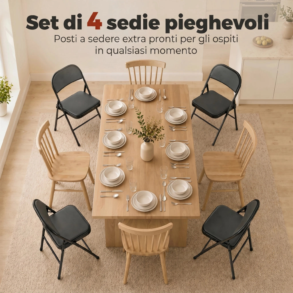 Set 2 Sedie Pieghevoli Imbottite ¨C Minimal ¨C Finta Pelle Nero e Metallo 45x46x78 cm