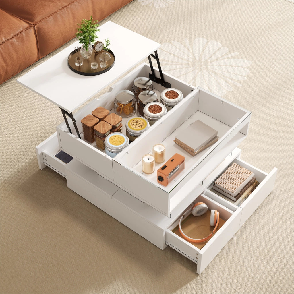Tavolino da Salotto Alzabile con 2 Cassetti e Vani e LED 16 Colori; Piano in Vetro; in Pannello Truciolare; 70×67×57 cm; Bianco