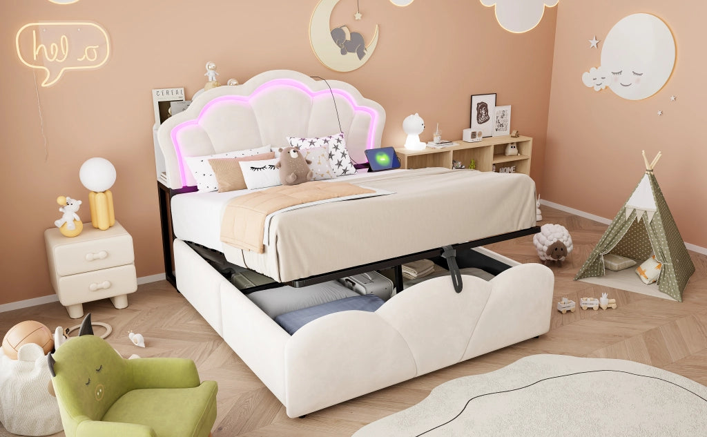 DESMIU Letto contenitore 140 × 200 cm 2 posti con LED, prese e vani testiera, senza materasso, beige