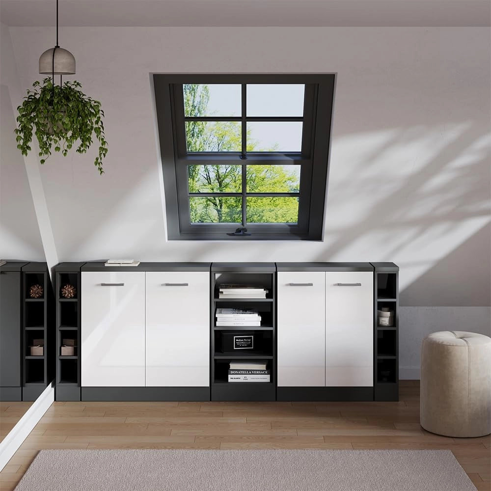 Set di mobili sottotetto Rion, Bianco lucido, 210 cm Set di 5 carcasse armadio profondità 60 cm, adatto per il salvaspazio sotto tetti spioventi