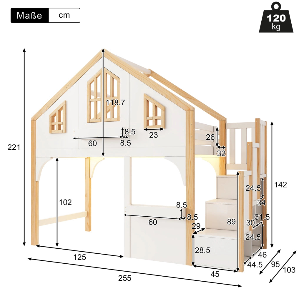 Letto a castello per bambini con scala contenitore; LED e finestra; pino e MDF; bianco; 90x200 cm
