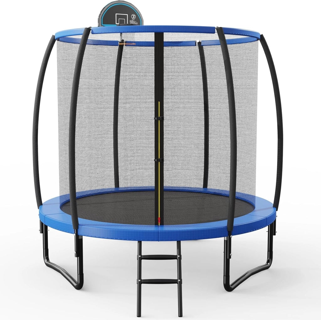 Trampolino da giardino rotondo con rete di sicurezza e copertura per bordi per bambini e adulti, blu + nero