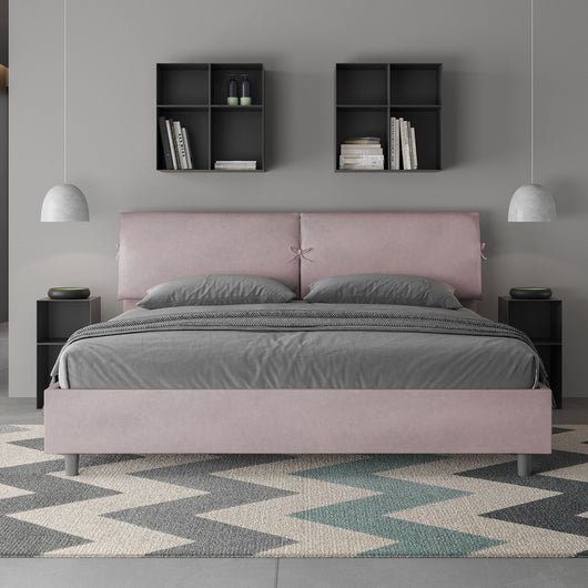 Letto Matrimoniale King Size 180x200 cm con Rete e Contenitore Testata con Cuscini Imbottito in Microfibra Mados Glicine