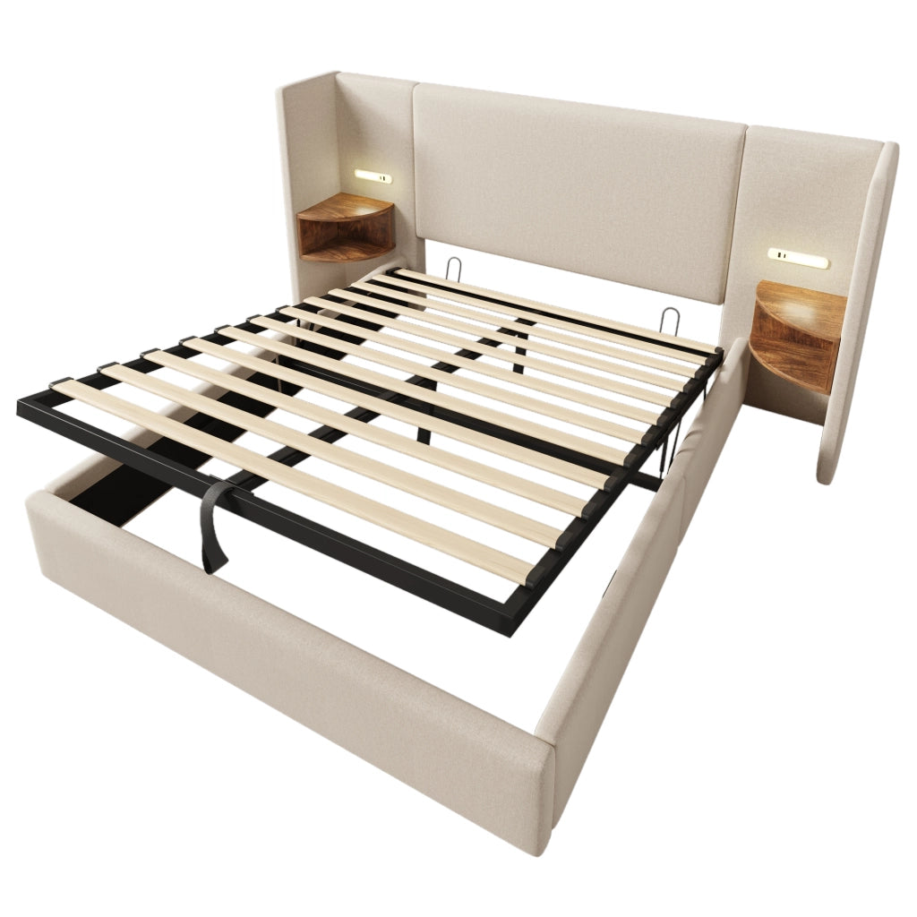 Letto Contenitore 160×200 cm; Matrimoniale con Mensola; Luce da Lettura; USB e Tipo C; senza Materasso