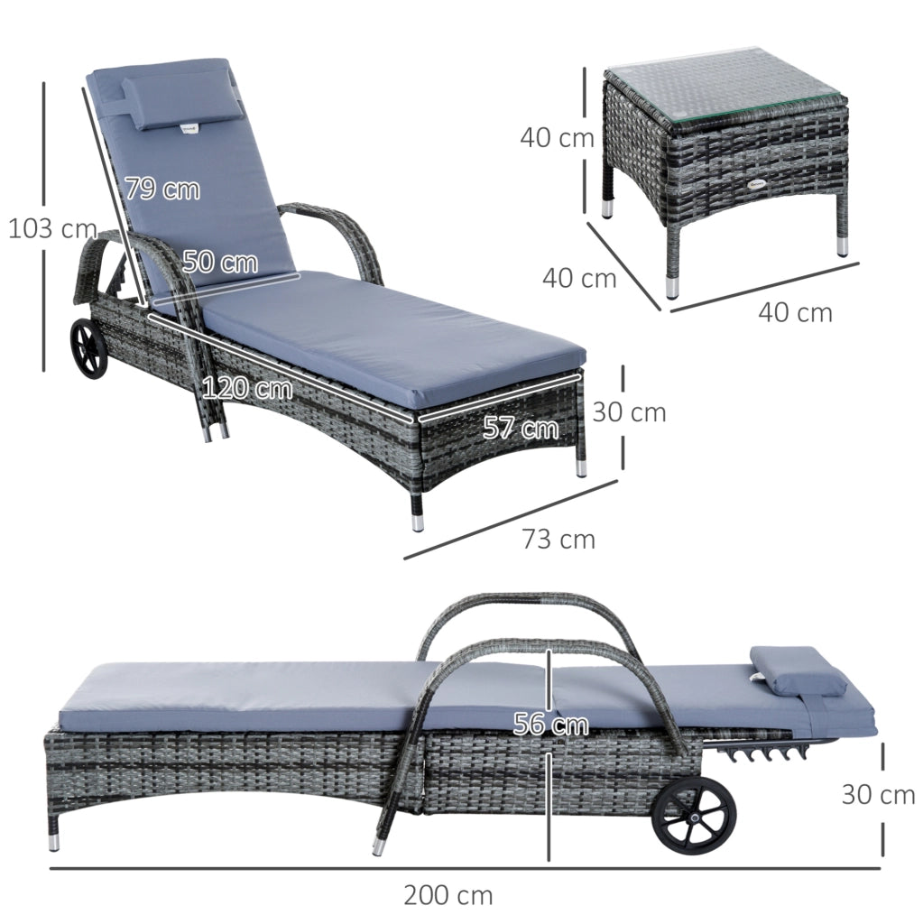 Set da giardino con 2 lettini reclinabili e tavolino in polyrattan grigio